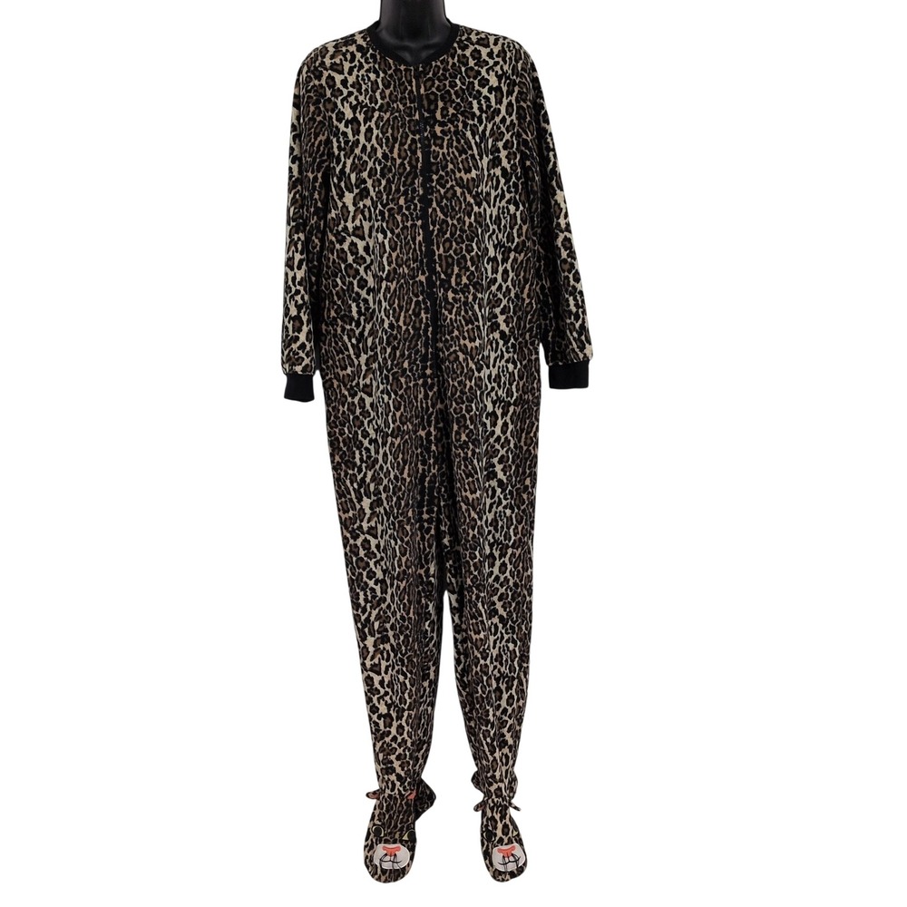 Nick & Nora Leopard One Piece Sleepwear Footed Pajama Fleece Cozy Kitsch Small